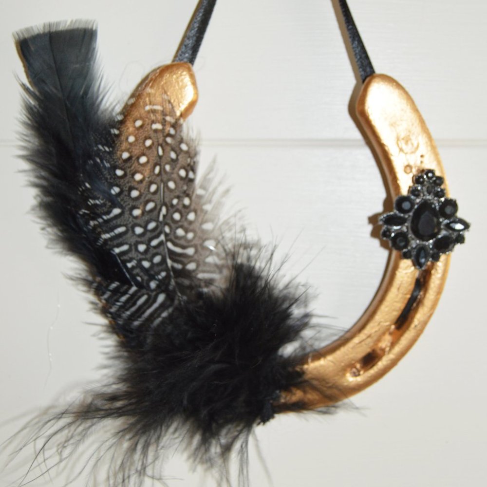 Glam Gold Black Feather Flapper Lucky Horseshoe